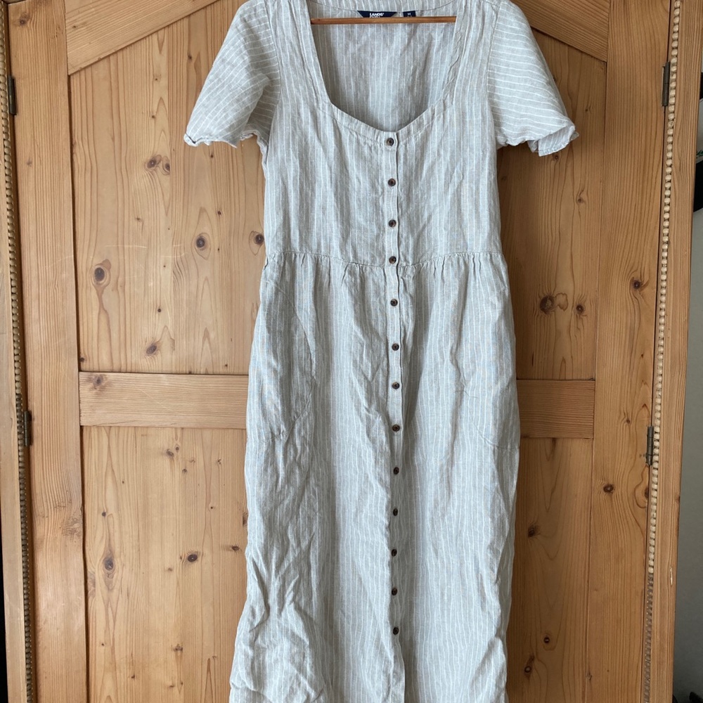 Lands' End White Tan Buttoned Flutter Sleeve Sundress